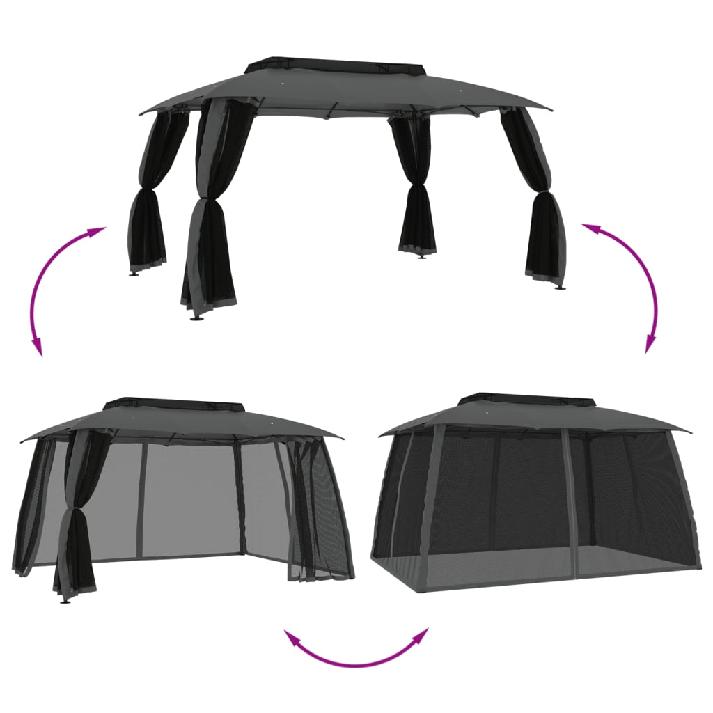 Antracit acél dupla tetős pavilon hálós falakkal 3,93 x 2,93 m 6