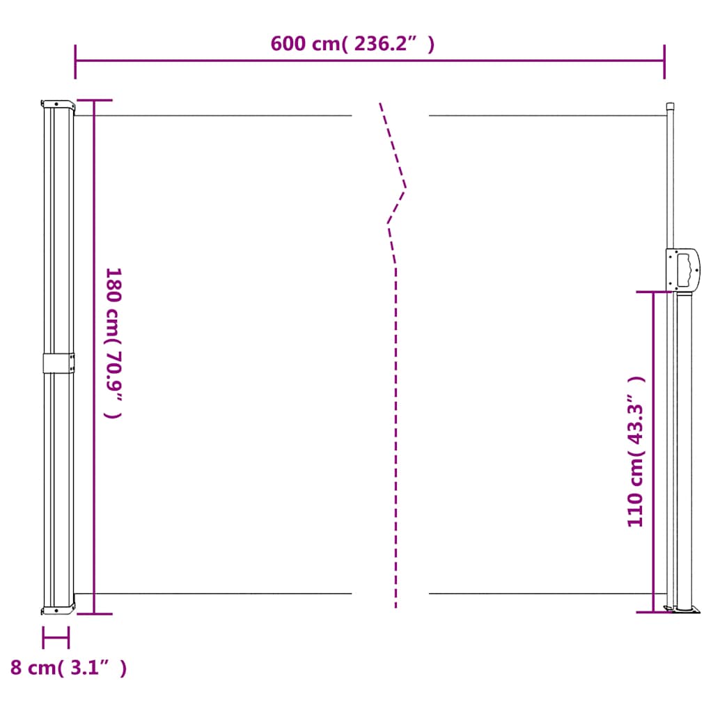 Bézs behúzható oldalsó napellenző 180 x 600 cm 10