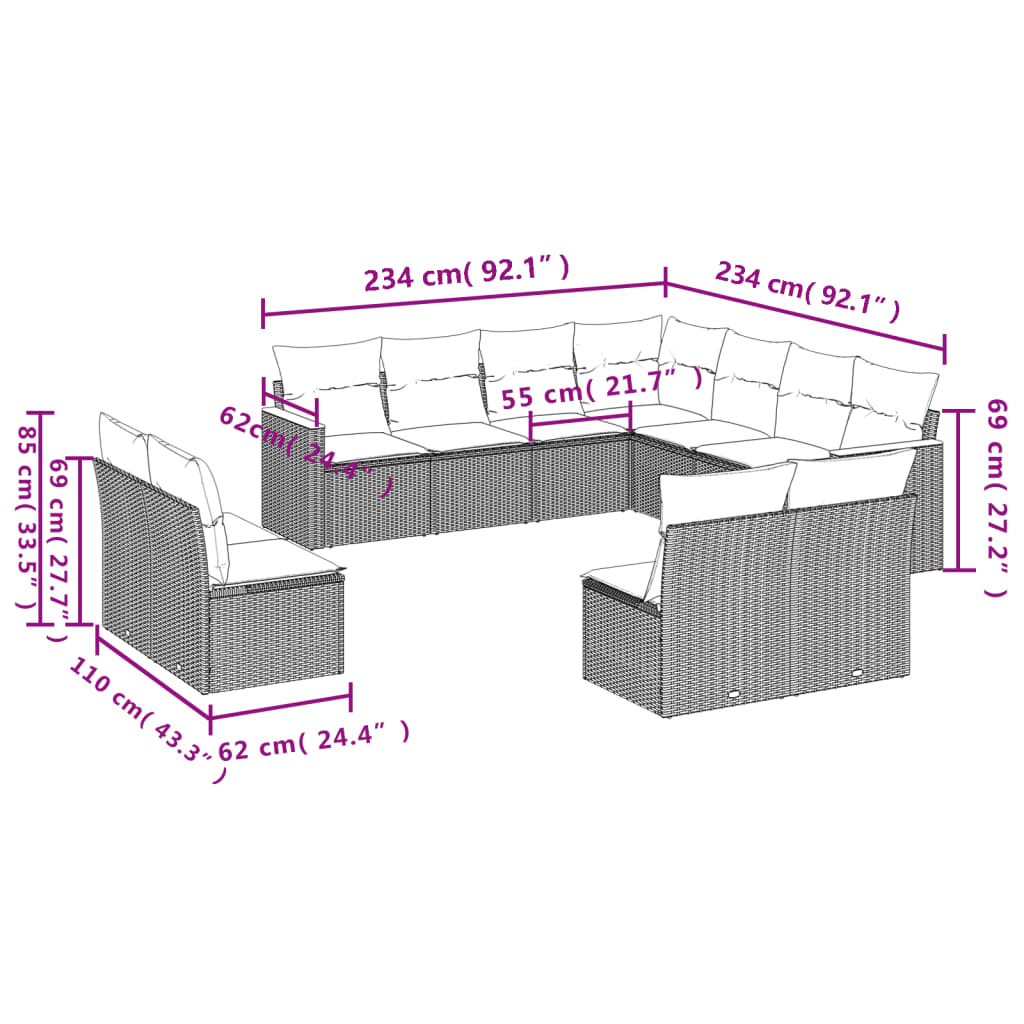 11 részes fekete polyrattan kerti ülőgarnitúra párnákkal 7