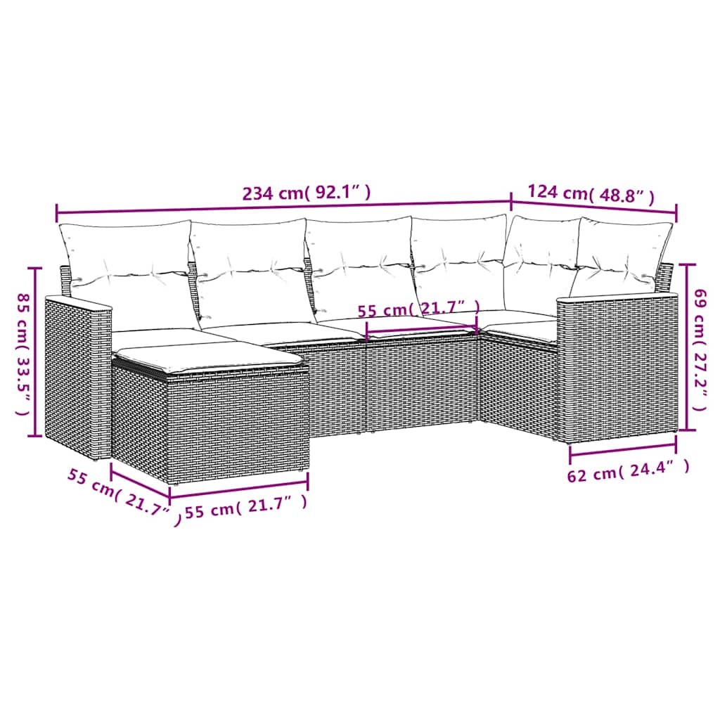 6 részes fekete polyrattan kerti ülőgarnitúra párnákkal 8