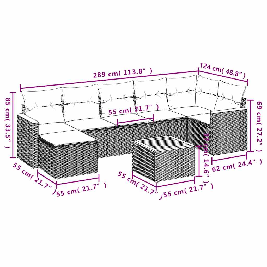 8 részes fekete polyrattan kerti ülőgarnitúra párnákkal 9
