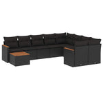 10 részes fekete polyrattan kerti ülőgarnitúra párnákkal 2