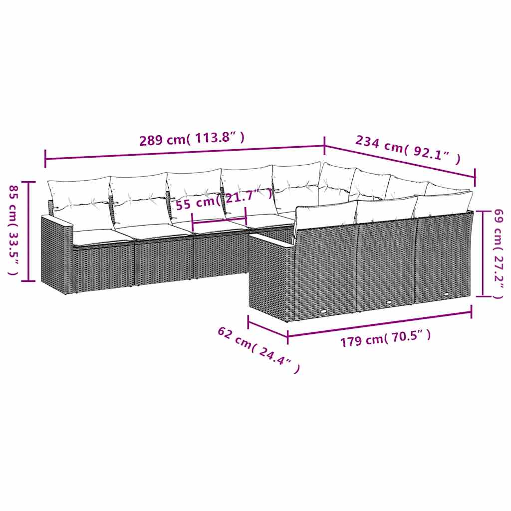10 részes fekete polyrattan kerti ülőgarnitúra párnákkal 7