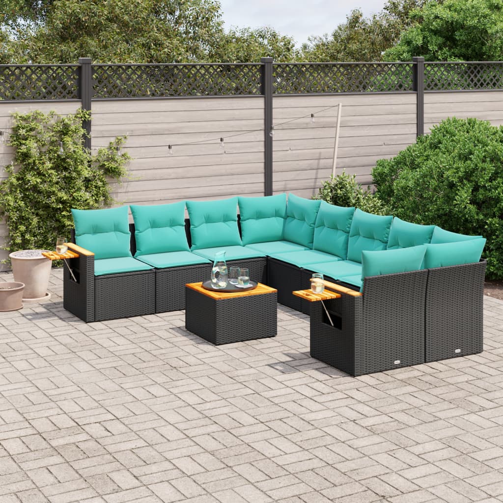 9 részes fekete polyrattan kerti ülőgarnitúra párnával
