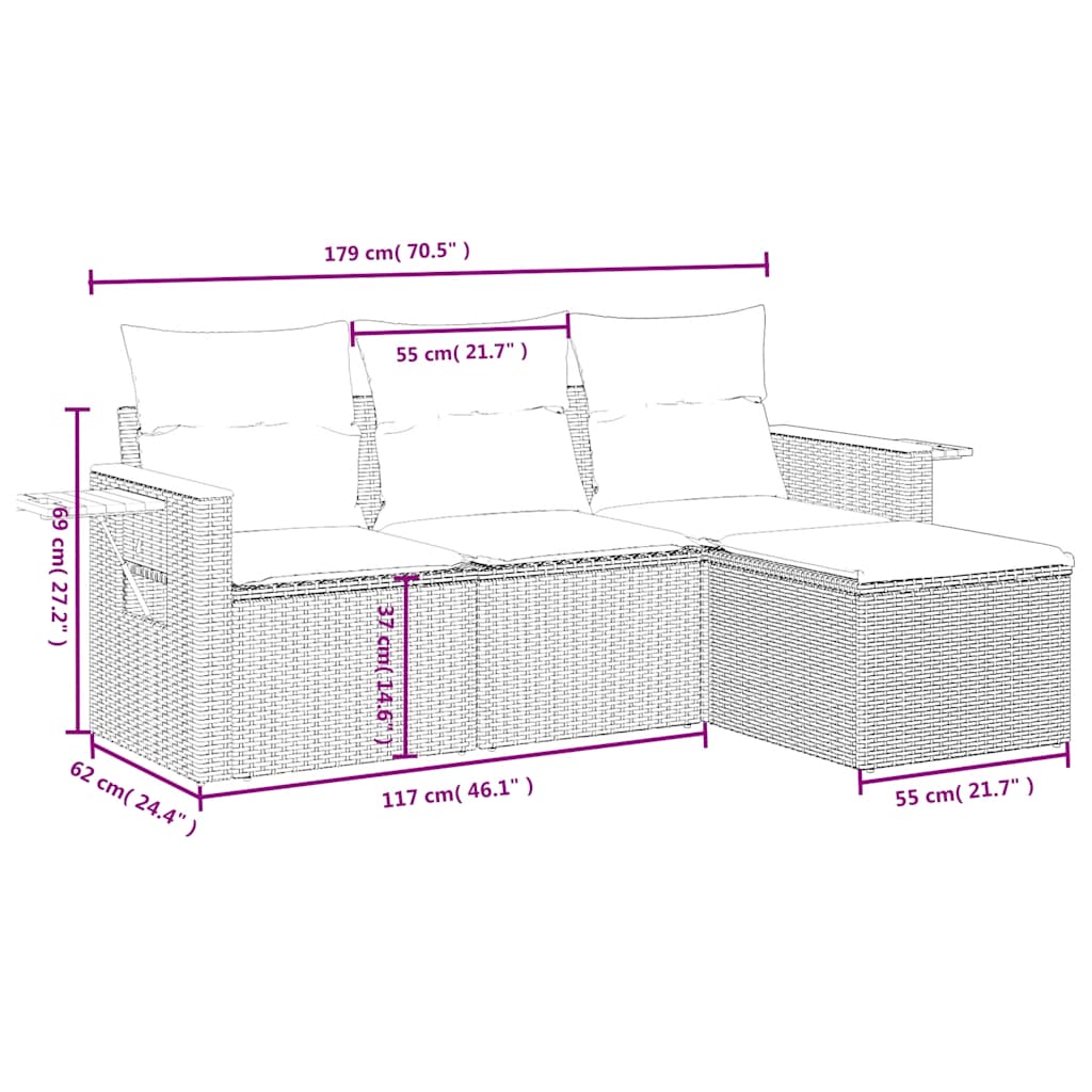 4 részes fekete polyrattan kerti ülőgarnitúra párnákkal 8