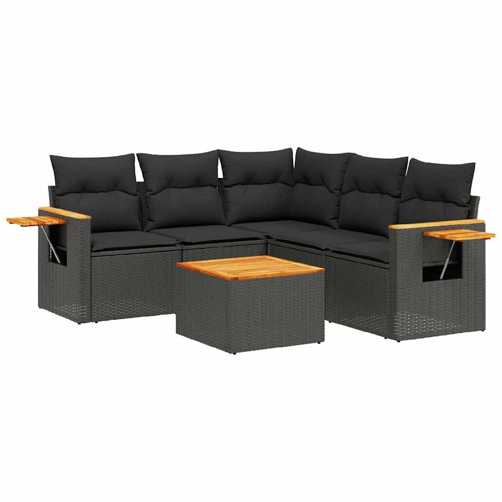 6 részes fekete polyrattan kerti ülőgarnitúra párnákkal 2