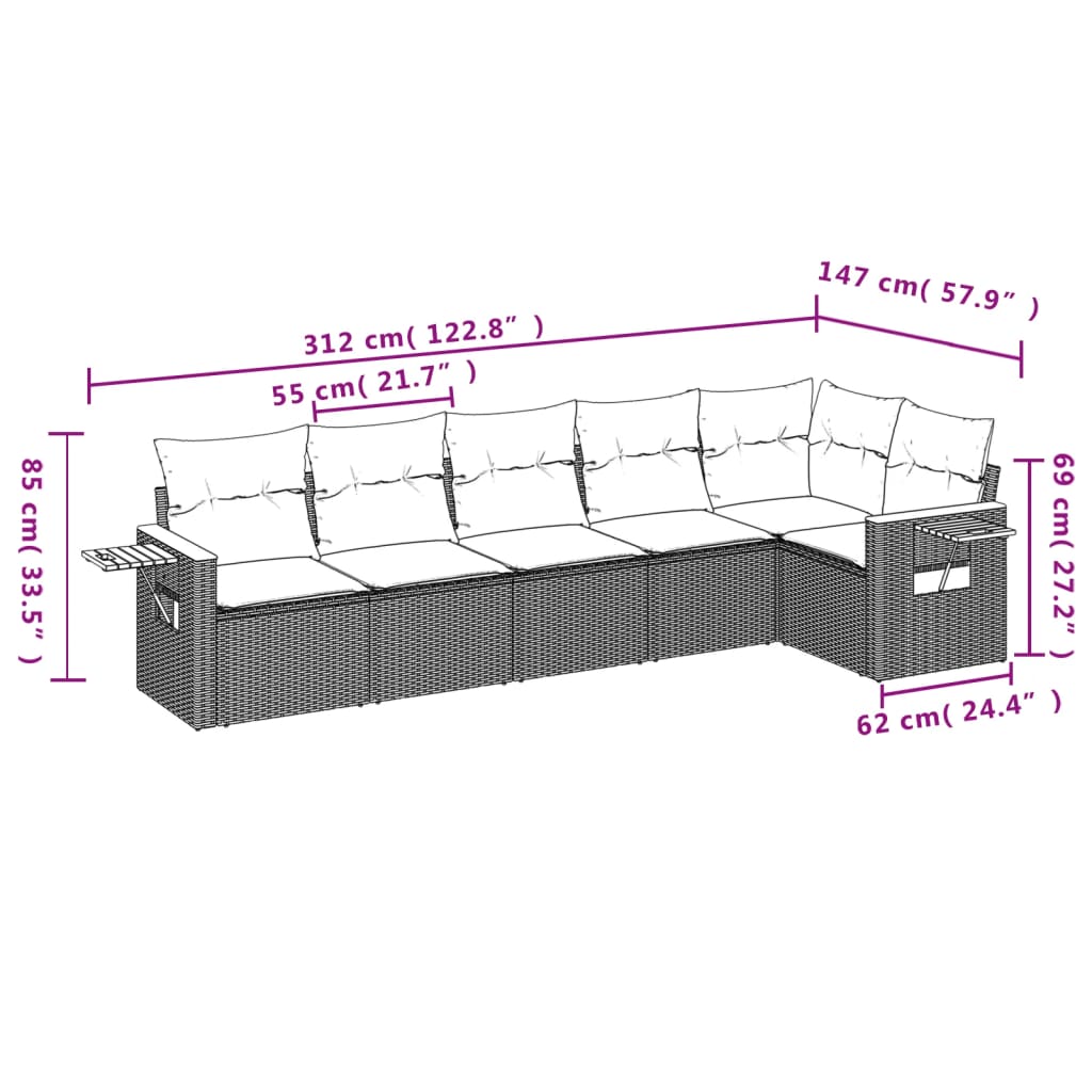 6 részes fekete polyrattan kerti ülőgarnitúra párnával 8