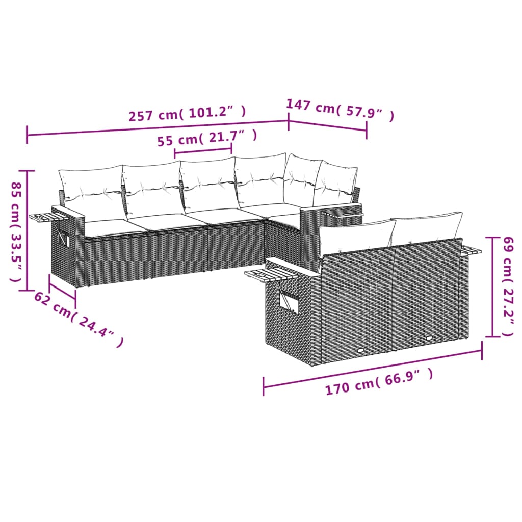 7 részes bézs polyrattan kerti ülőgarnitúra párnákkal 8