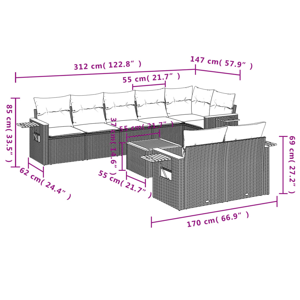 9 részes bézs polyrattan kerti ülőgarnitúra párnákkal 9
