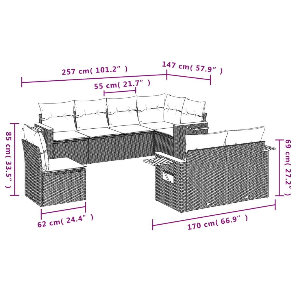8 részes fekete polyrattan kerti ülőgarnitúra párnával 8