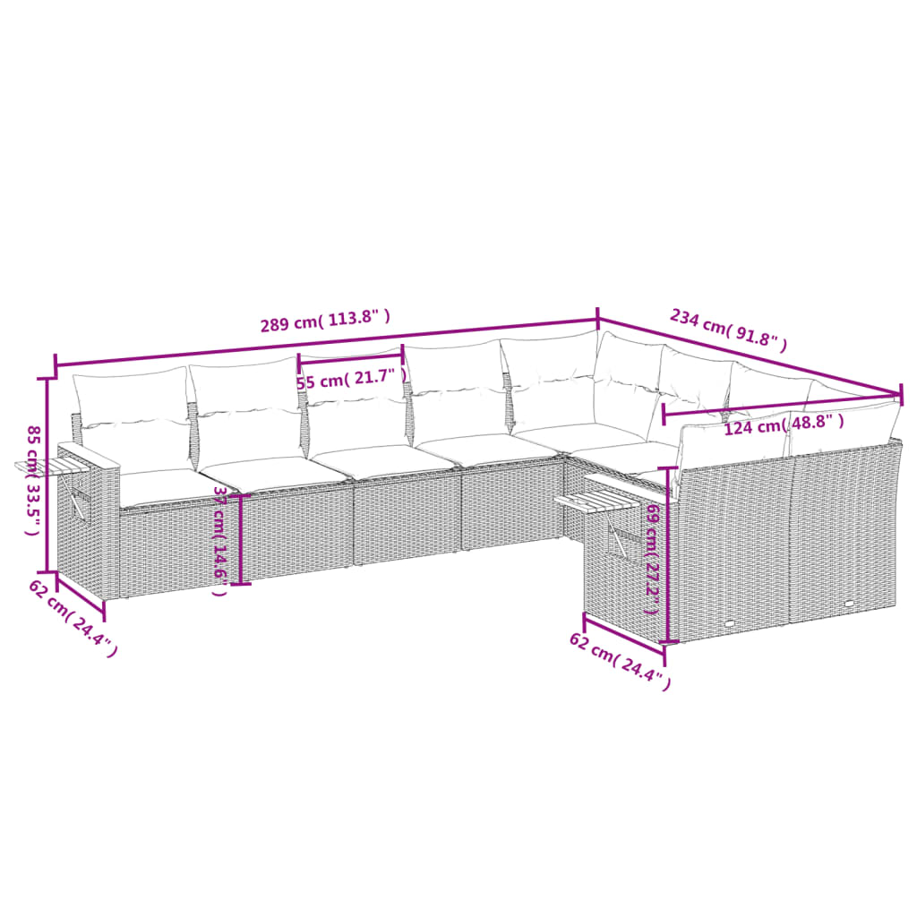 9 részes szürke polyrattan kerti ülőgarnitúra párnákkal 6