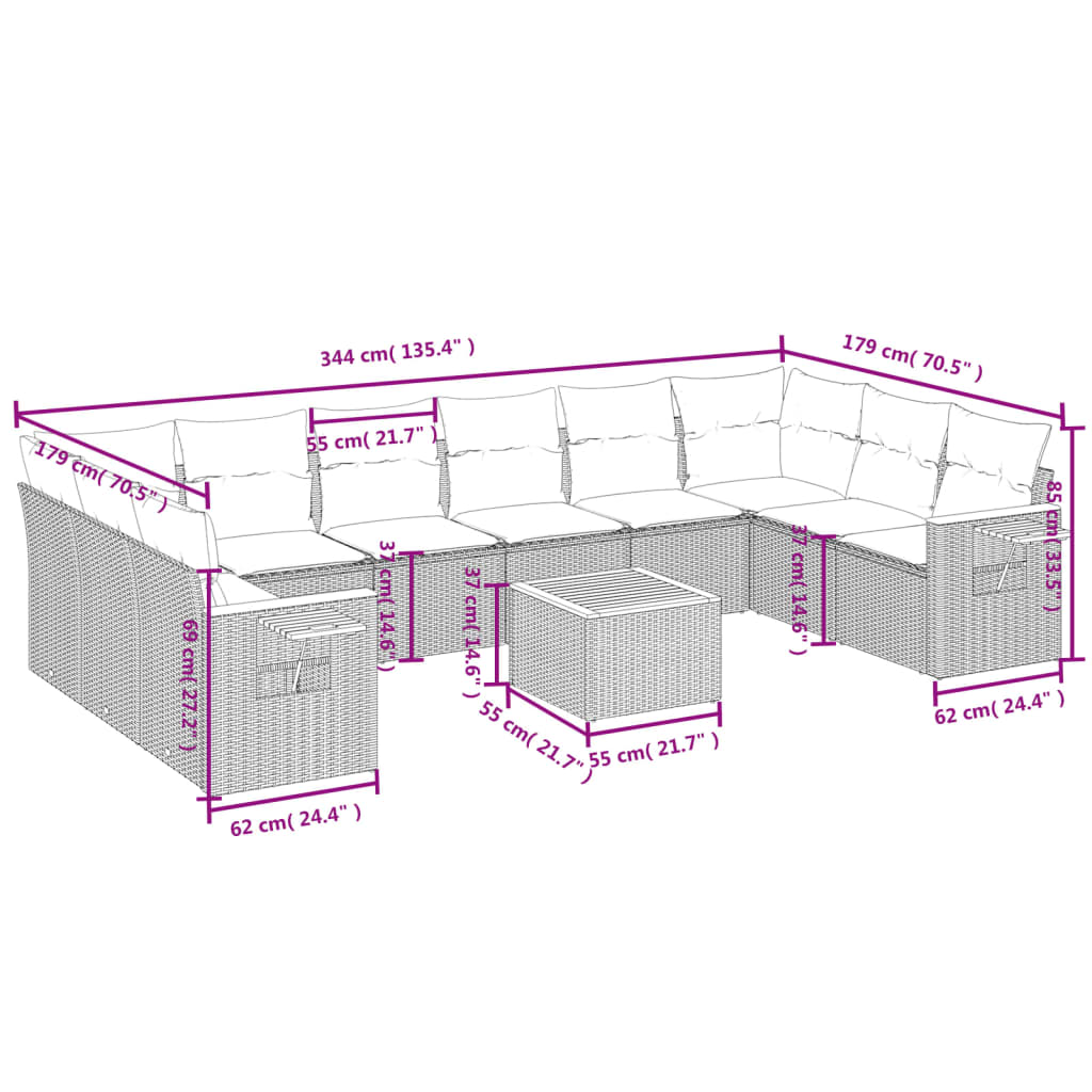 11 részes bézs polyrattan kerti ülőgarnitúra párnákkal 9