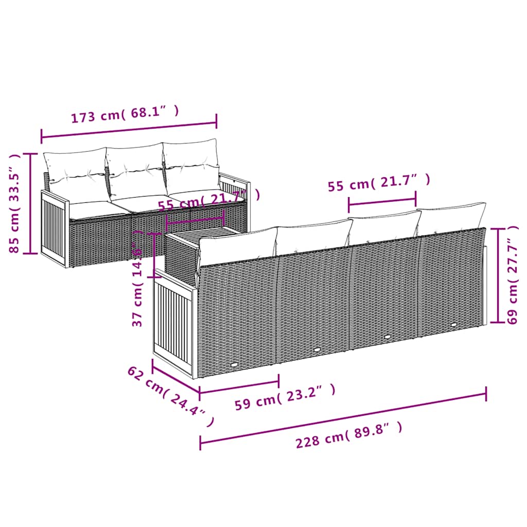8 db szürke polyrattan kerti kanapégarnitúra párnákkal 7