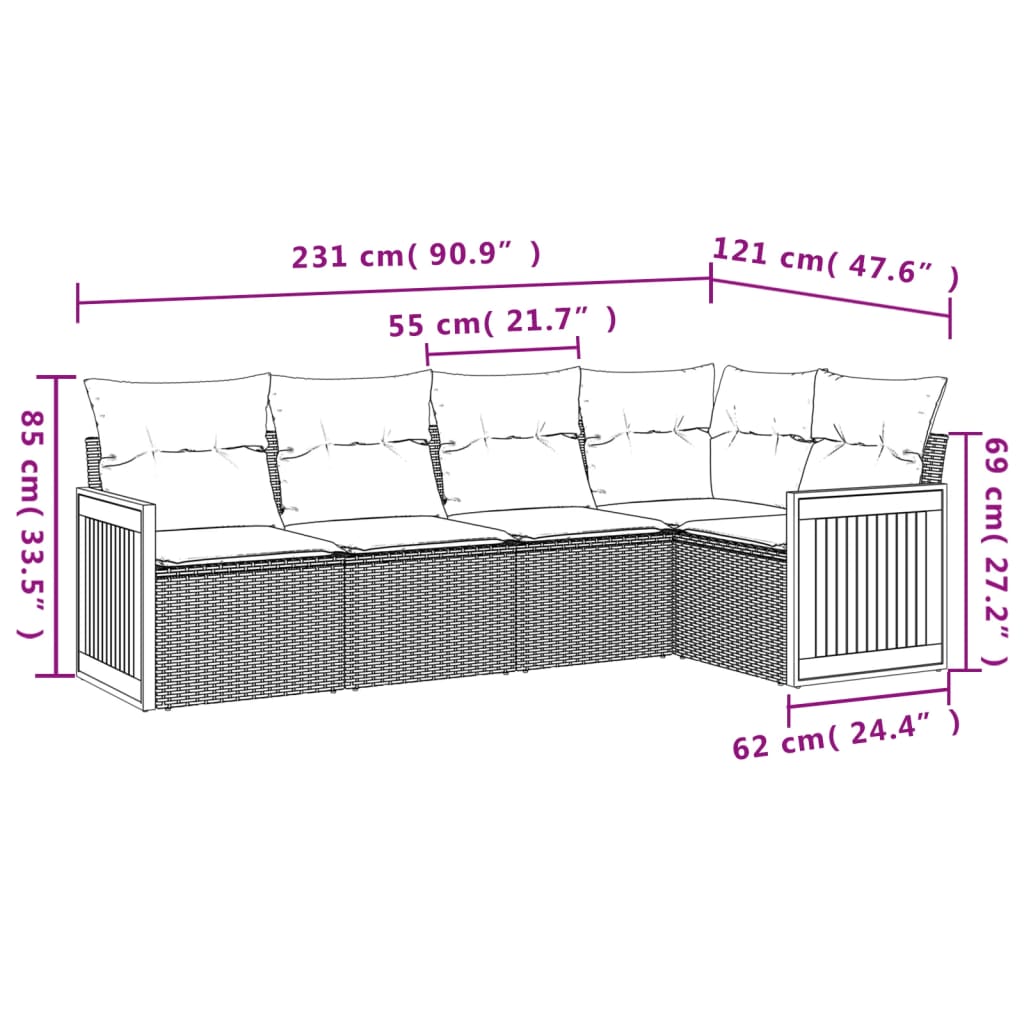 5 db szürke polyrattan kerti kanapégarnitúra párnákkal 7