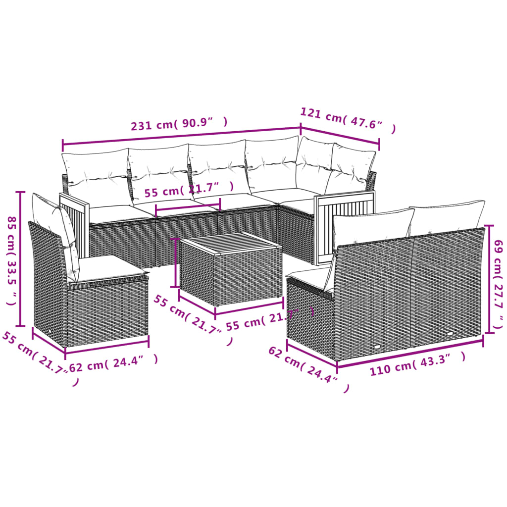 9 részes szürke polyrattan kerti ülőgarnitúra párnákkal 8