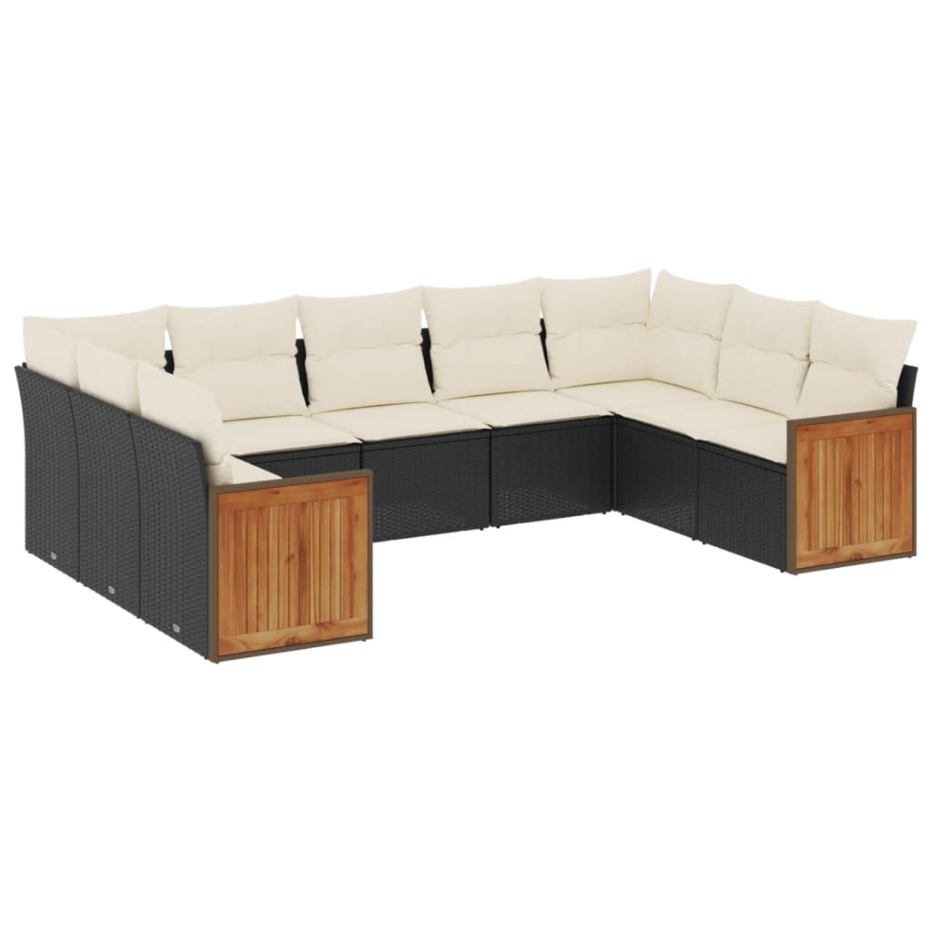 9 részes fekete polyrattan kerti ülőgarnitúra párnákkal 2