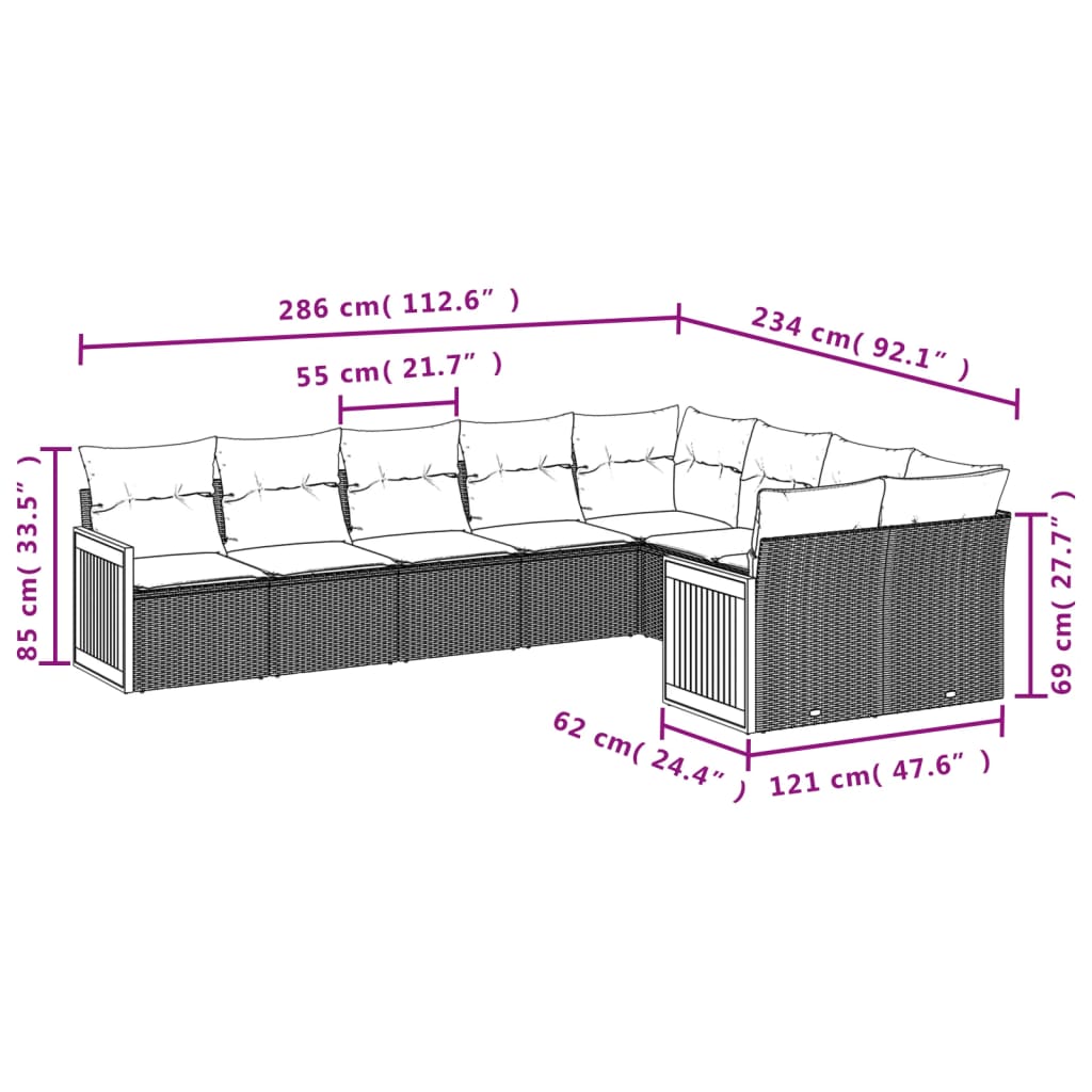 9 részes szürke polyrattan kerti ülőgarnitúra párnákkal 7
