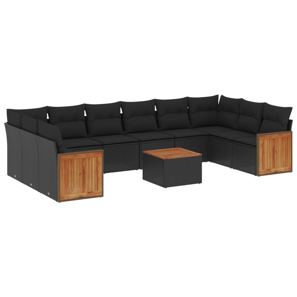 11 részes fekete polyrattan kerti ülőgarnitúra párnákkal 2