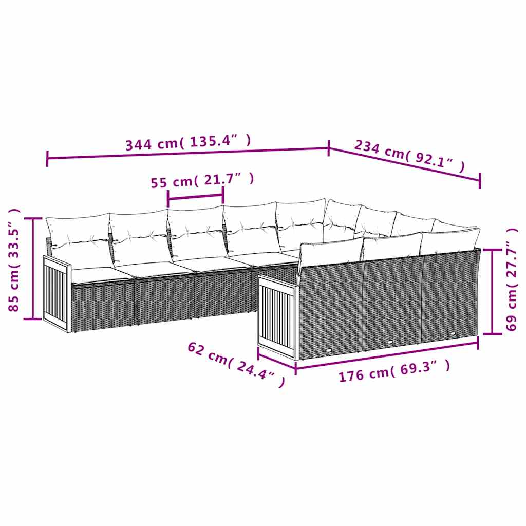 10 db fekete polyrattan kerti kanapégarnitúra párnákkal 7
