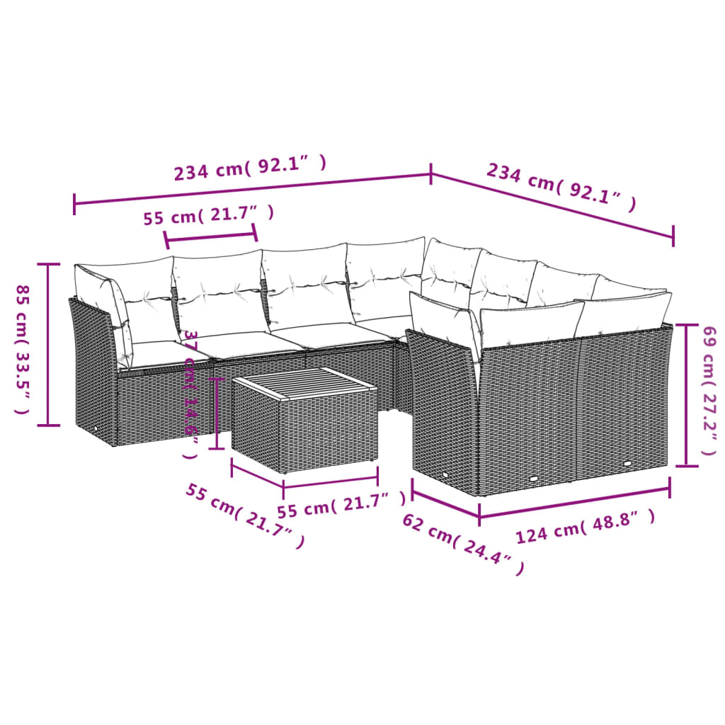 9 részes fekete polyrattan kerti ülőgarnitúra párnákkal 3