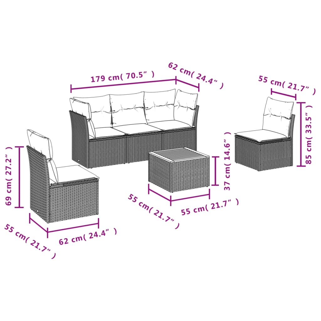 6 részes fekete polyrattan kerti ülőgarnitúra párnákkal 3
