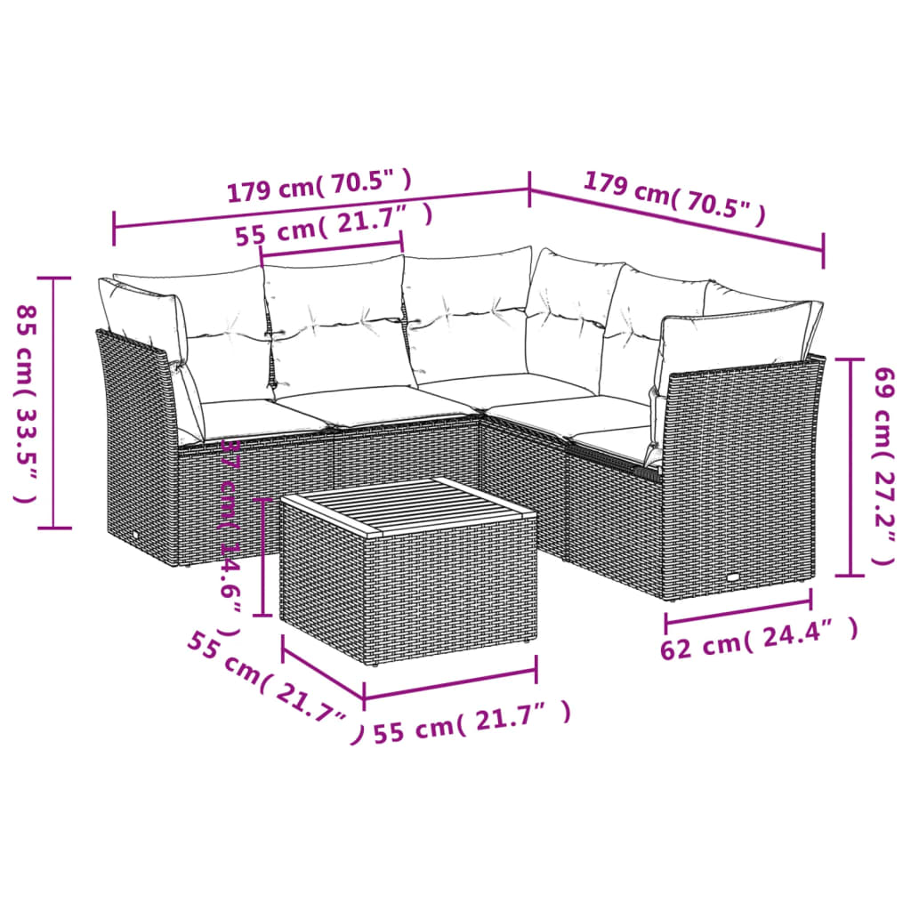 6 részes fekete polyrattan kerti ülőgarnitúra párnákkal 3