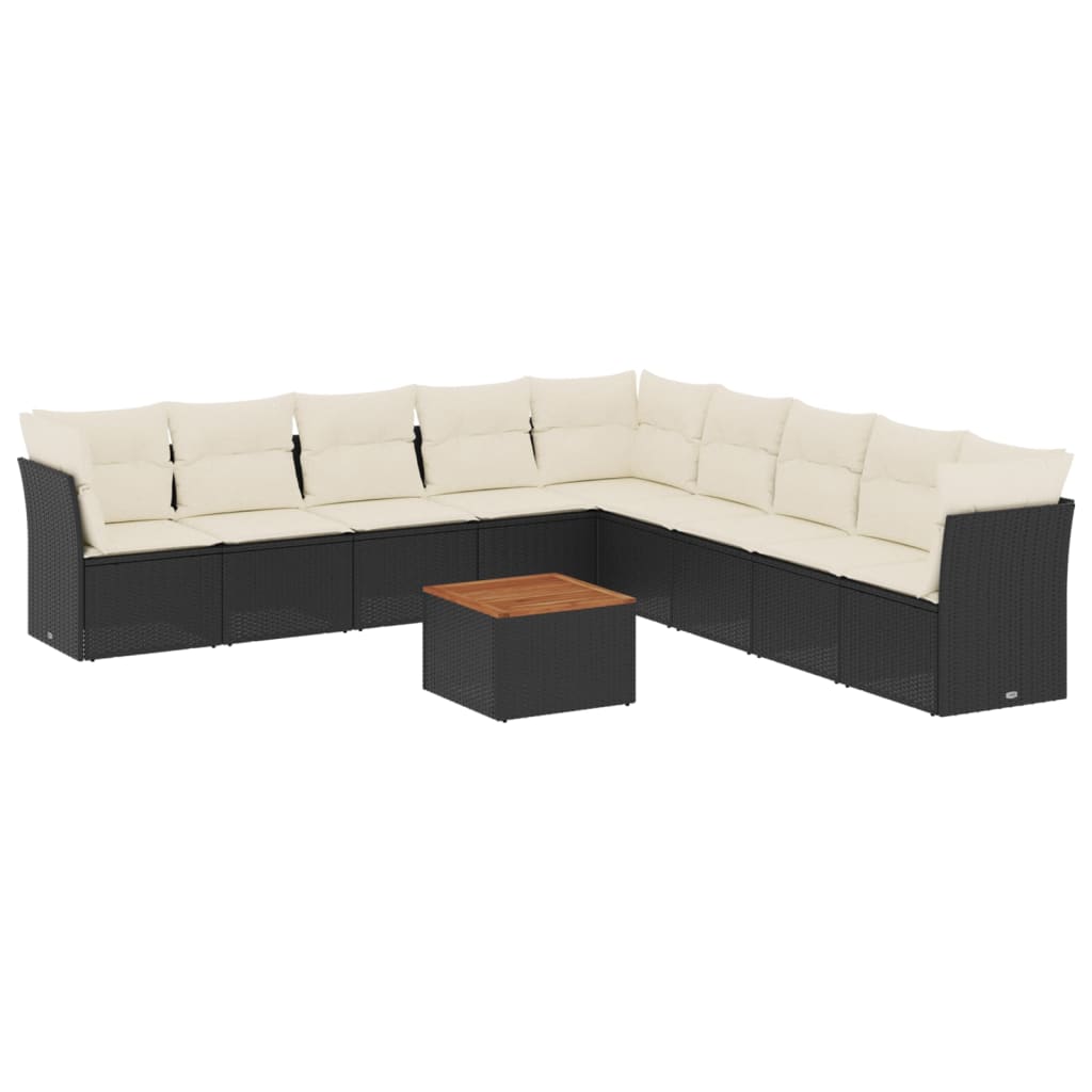 10 részes fekete polyrattan kerti ülőgarnitúra párnákkal 2