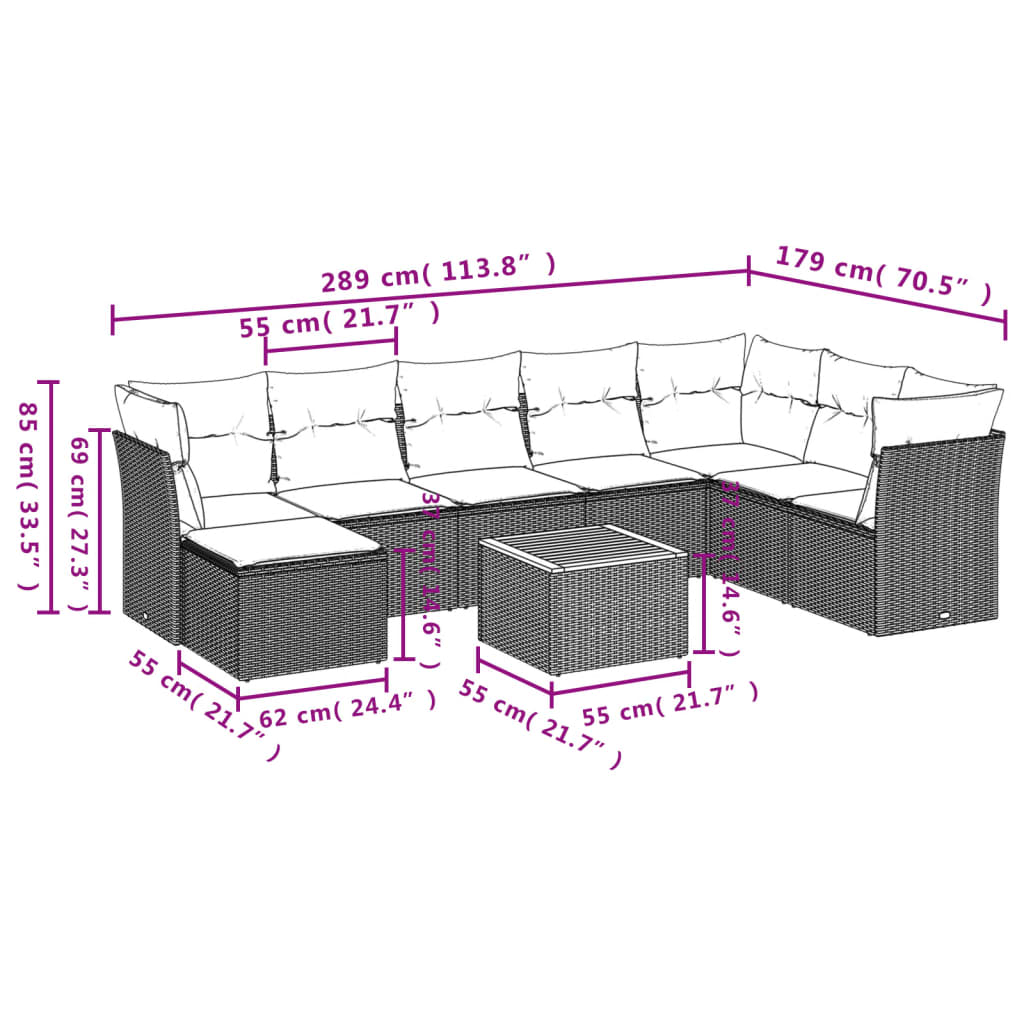 9 részes fekete polyrattan kerti ülőgarnitúra párnákkal 3