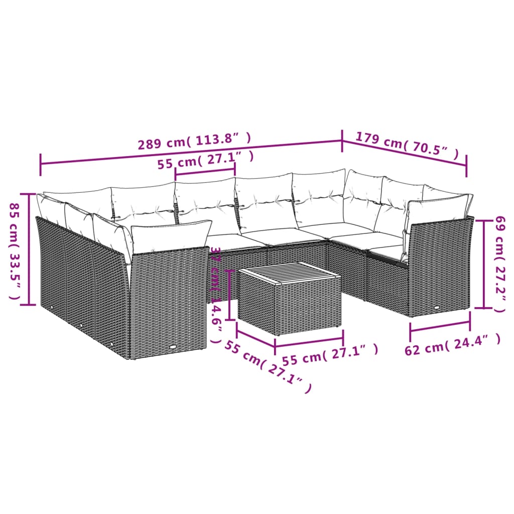 10 részes bézs polyrattan kerti ülőgarnitúra párnával 3