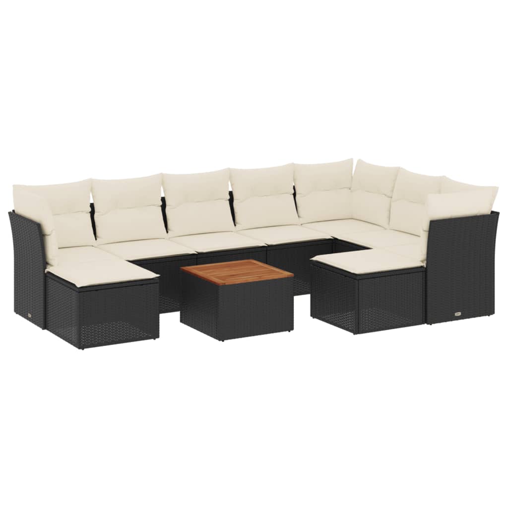 10 részes fekete polyrattan kerti ülőgarnitúra párnákkal 2