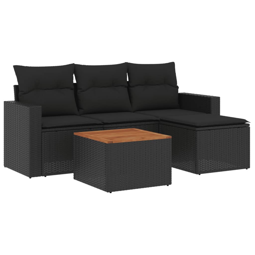 5 részes fekete polyrattan kerti kanapészett párnákkal 2