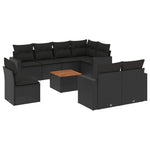 9 részes fekete polyrattan kerti ülőgarnitúra párnákkal 2