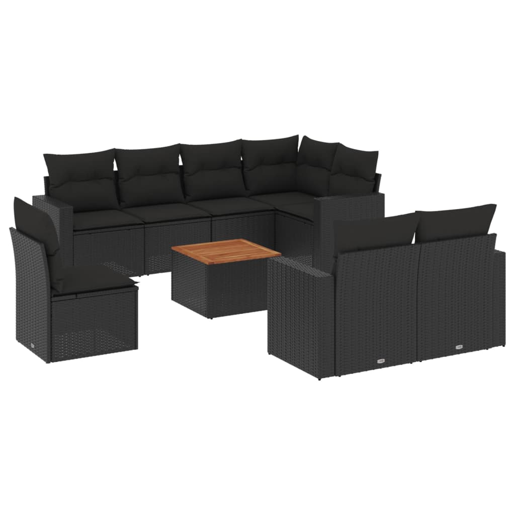 9 részes fekete polyrattan kerti ülőgarnitúra párnákkal 2