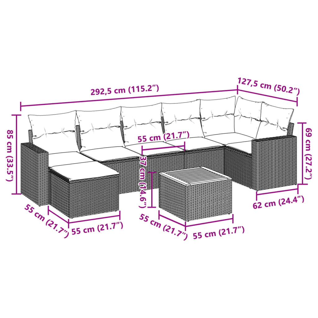 8 részes fekete polyrattan kerti ülőgarnitúra párnákkal 3