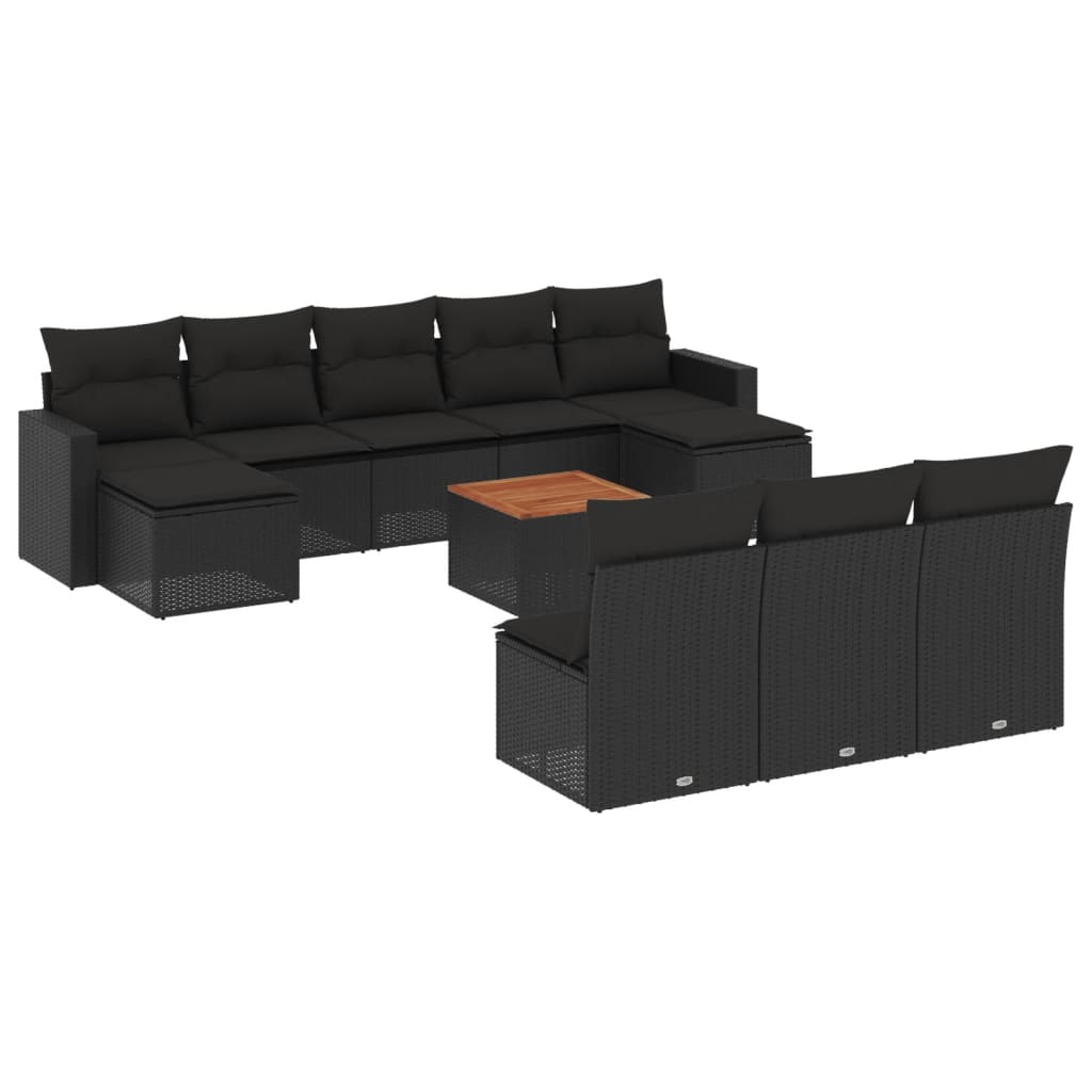 11 részes fekete polyrattan kerti ülőgarnitúra párnákkal 2