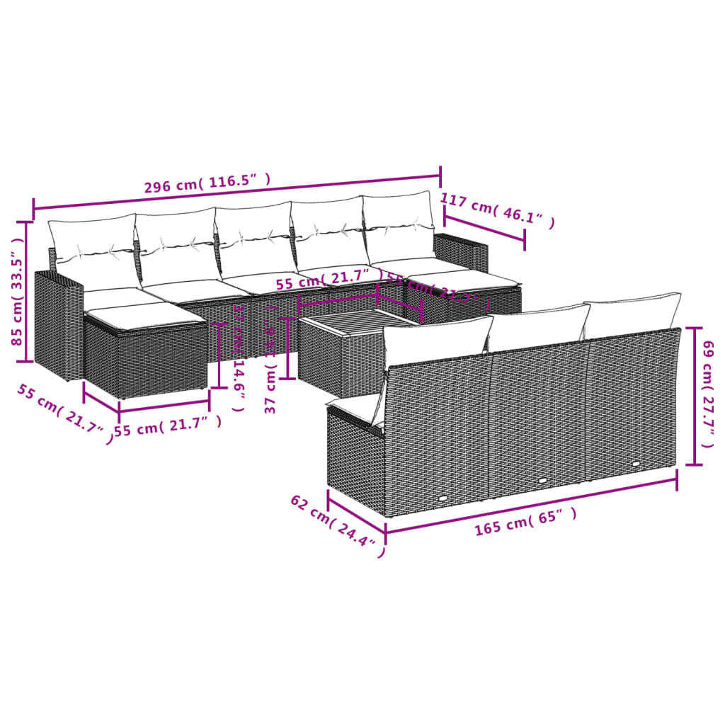 11 részes bézs polyrattan kerti ülőgarnitúra párnákkal 3