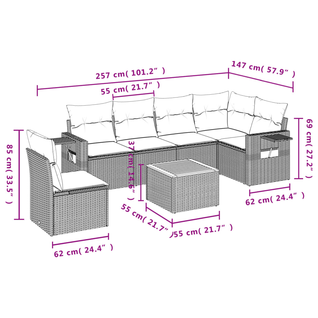 7 részes fekete polyrattan kerti ülőgarnitúra párnával 9