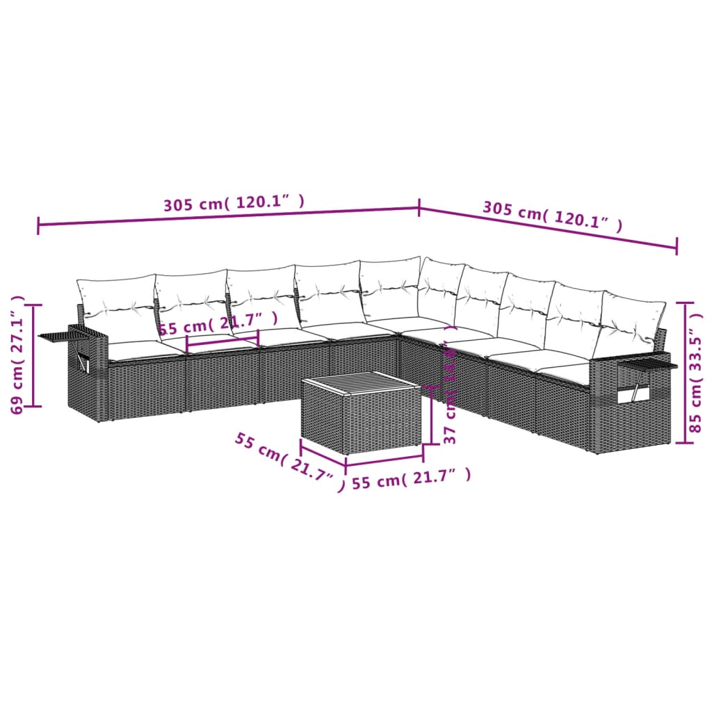 10 részes bézs polyrattan kerti ülőgarnitúra párnával 9