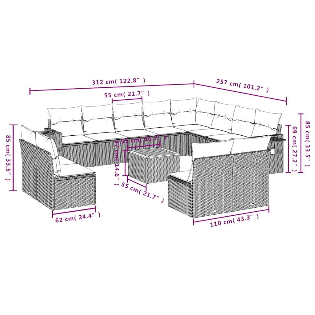 13 db szürke polyrattan kerti kanapégarnitúra párnákkal 9