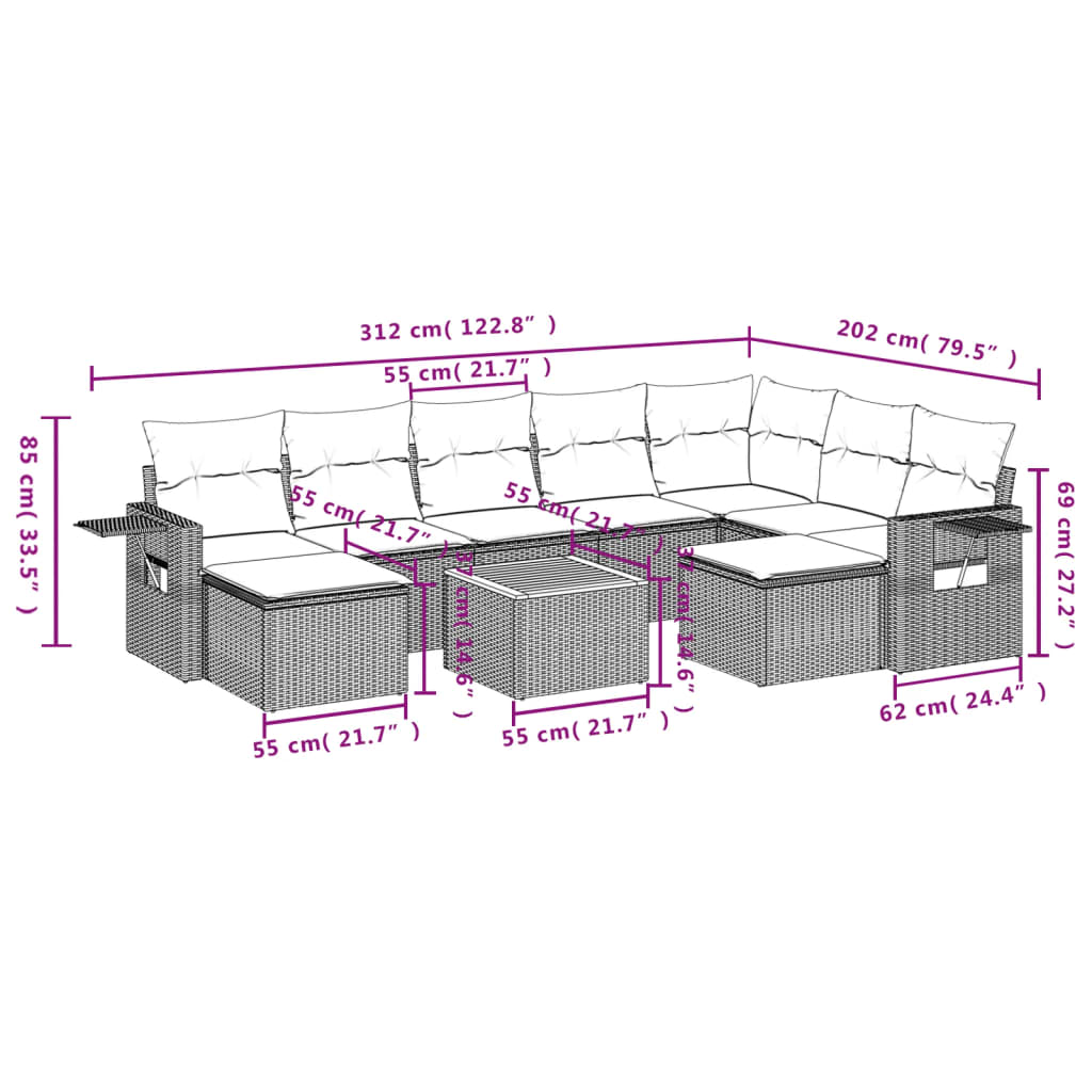 10 részes bézs polyrattan kerti ülőgarnitúra párnával 9