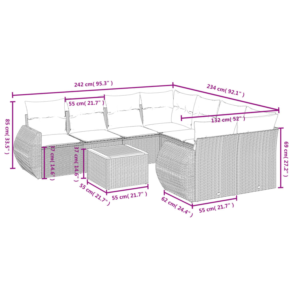 9 részes szürke polyrattan kerti ülőgarnitúra párnákkal 8