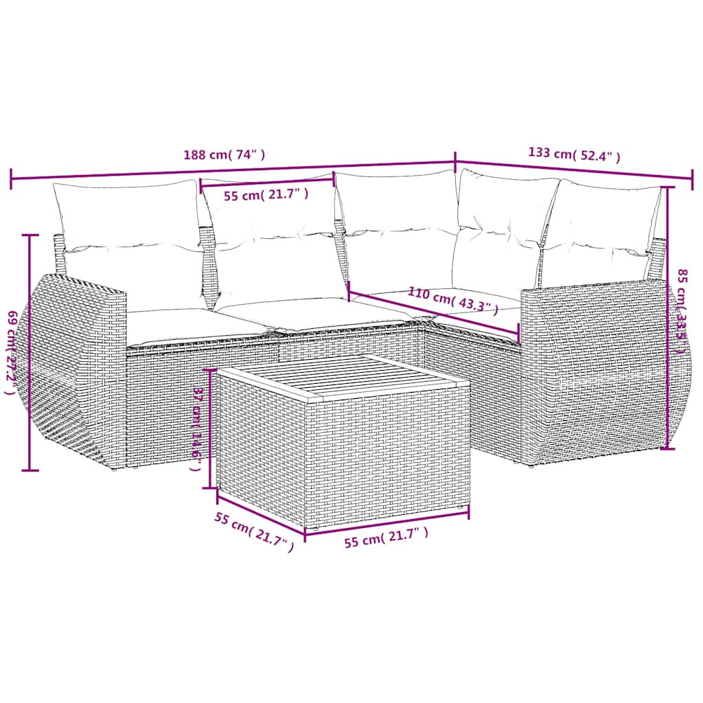5 db szürke polyrattan kerti kanapégarnitúra párnákkal 8