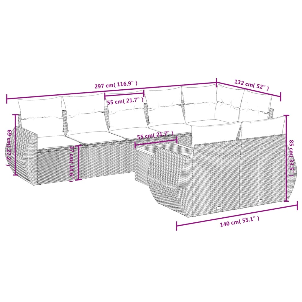 9 részes bézs polyrattan kerti ülőgarnitúra párnákkal 8