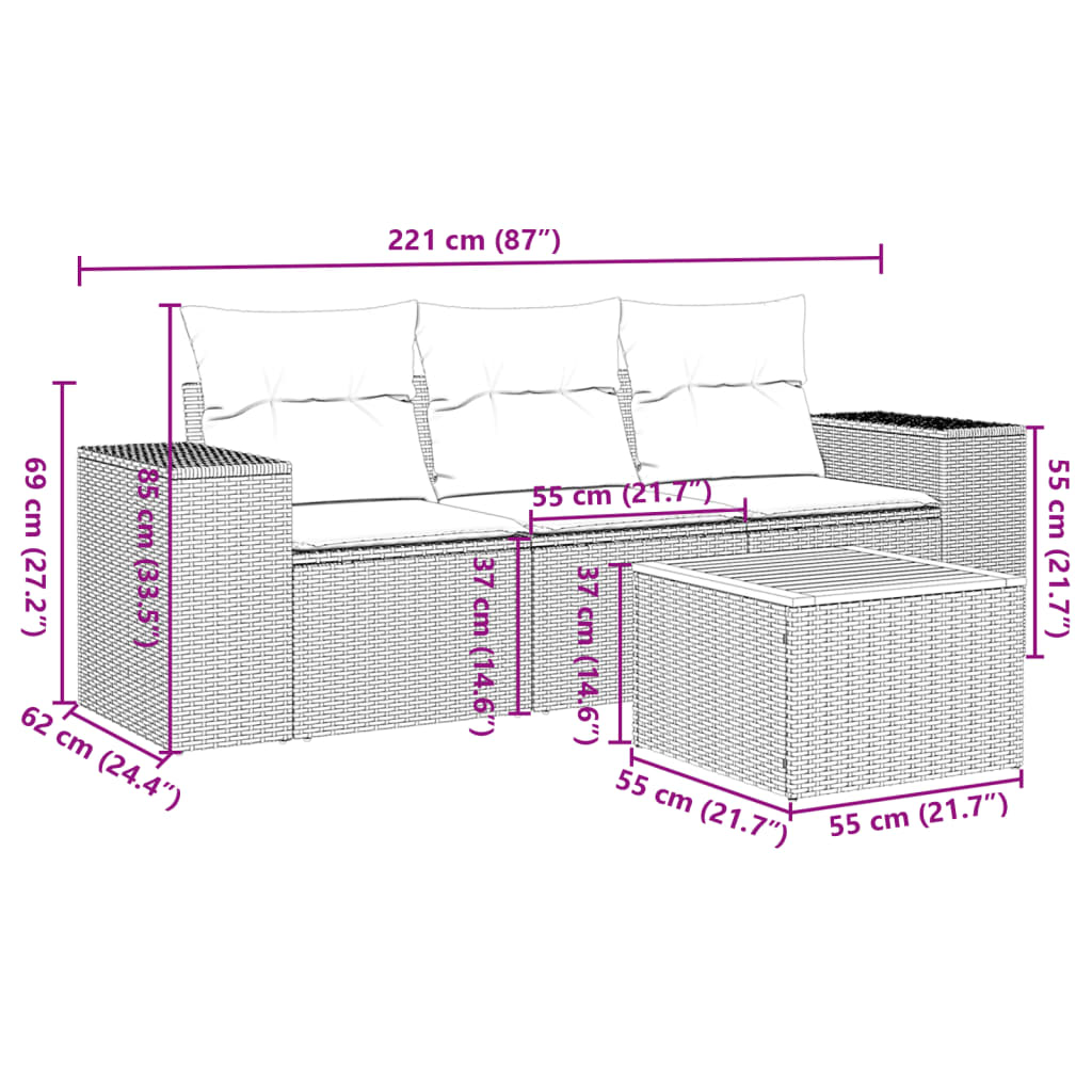 4 részes bézs polyrattan kerti ülőgarnitúra párnákkal 3
