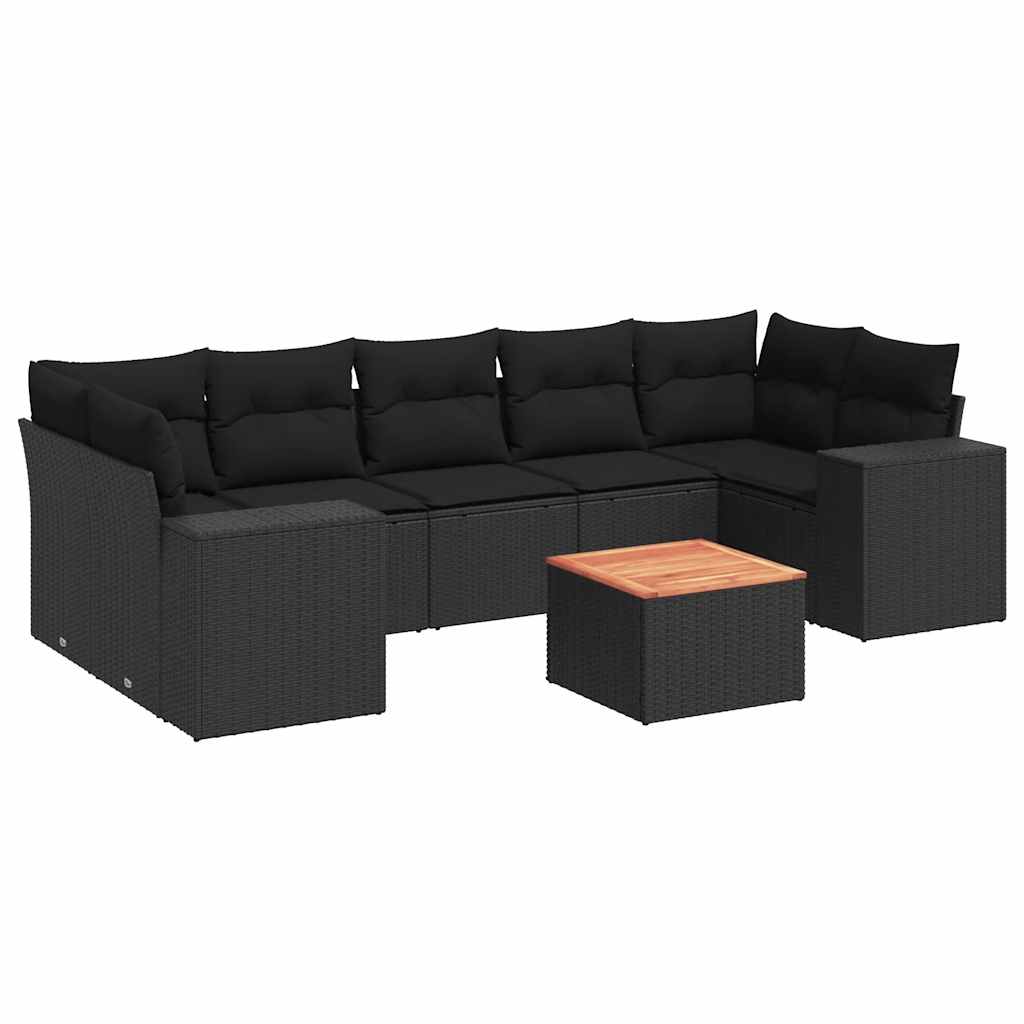 8 részes fekete polyrattan kerti ülőgarnitúra párnákkal 2