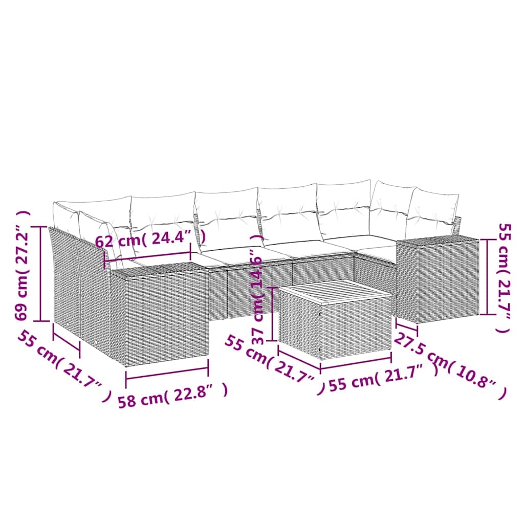 8 részes fekete polyrattan kerti ülőgarnitúra párnákkal 3
