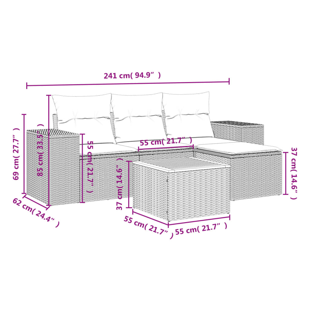 5 részes fekete polyrattan kerti kanapészett párnákkal 3