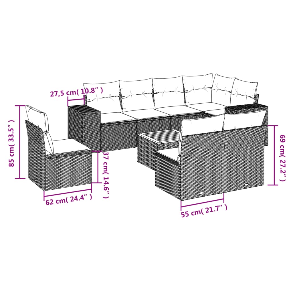 9 részes bézs polyrattan kerti ülőgarnitúra párnákkal 3