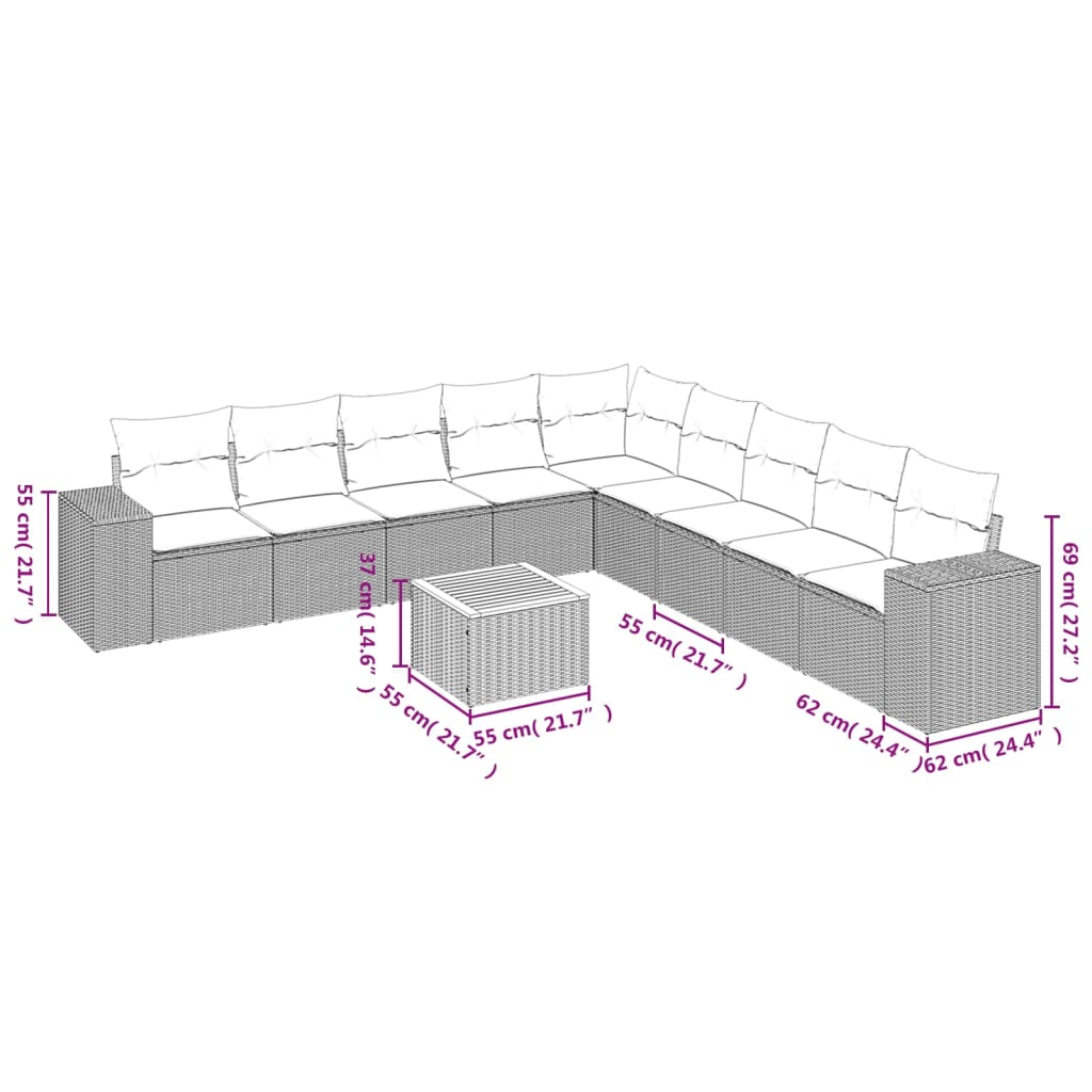 10 részes bézs polyrattan kerti ülőgarnitúra párnával 3