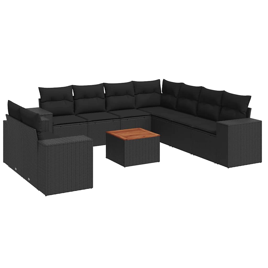 10 részes fekete polyrattan kerti ülőgarnitúra párnákkal 2